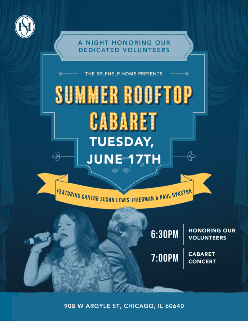 Flyer for Summer Rooftop Cabaret featuring performers CANTOR SUSAN LEWIS-FRIEDMAN and Pianist PAUL DYKSTRA