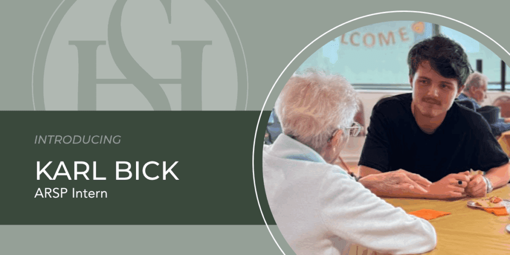 Blog banner featuring Karl Bick speaking with a Selfhelp Home resident