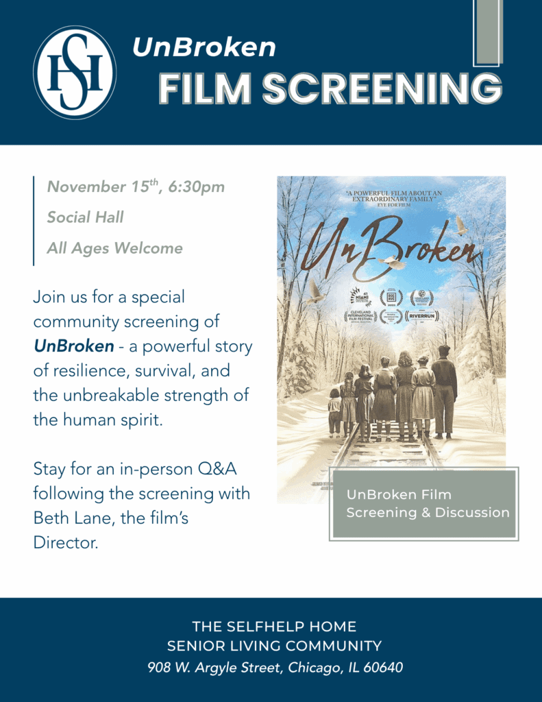 Flyer for film screening and director Q&A for award-winning documentary, Unbroken