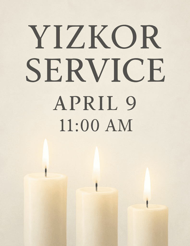 A flyer for Yizkor Service on April 9 featuring candles