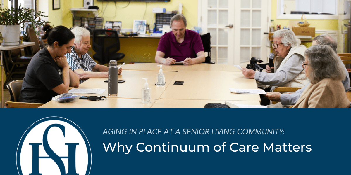 Why Continuum of Care Matters blog header featuring a group of seniors sitting around a table participating in a discussion group